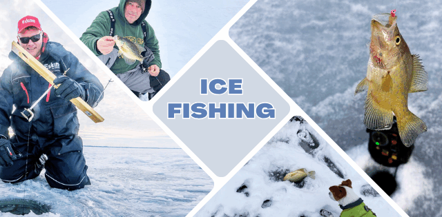 A collage showcasing various aspects of ice fishing. The central text reads "ICE FISHING." The collage includes images of people dressed in winter gear holding fish, a close-up of a fish caught on a line, and a scene of fishing equipment on the ice. The visuals emphasize the excitement and experience of ice fishing, highlighting the catch, the environment, and the tools used.