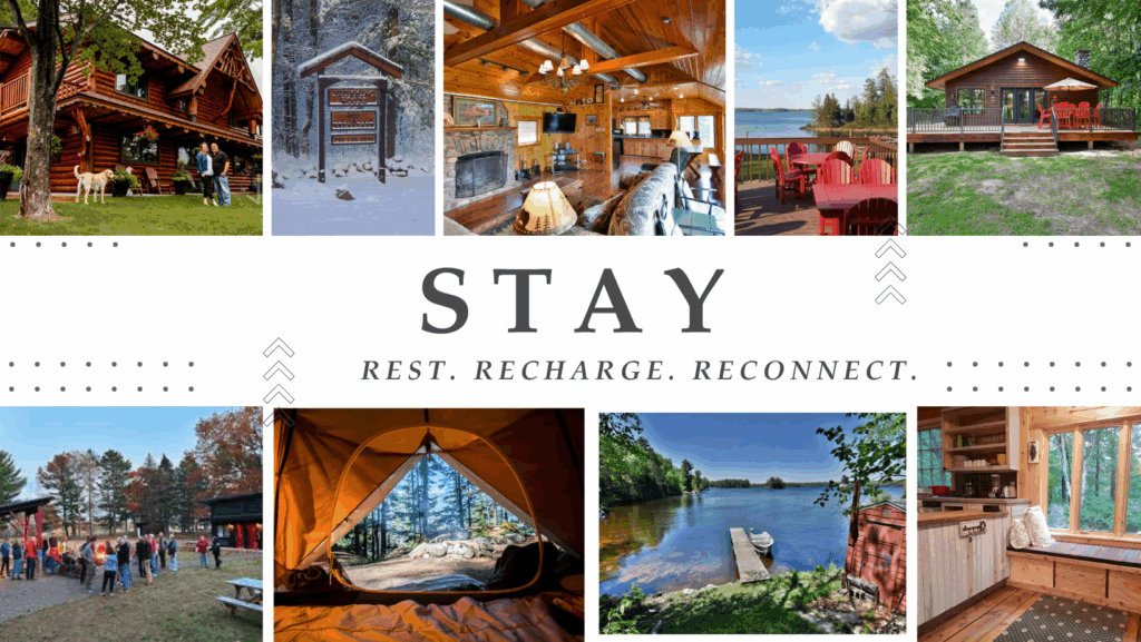 A promotional collage highlighting various lodging experiences. The central text reads "STAY" with the tagline "REST. RECHARGE. RECONNECT." Surrounding it are eight images: a rustic log cabin with a dog on the lawn, a snowy landscape with a wooden signpost, a cozy cabin interior with a fireplace, a lakeside deck with red chairs, a group gathered around a campfire, a forest view from inside a tent, a dock with a small boat on a peaceful lake, and a compact kitchen with wooden cabinets and a window seat. The collage evokes a sense of relaxation and connection with nature.